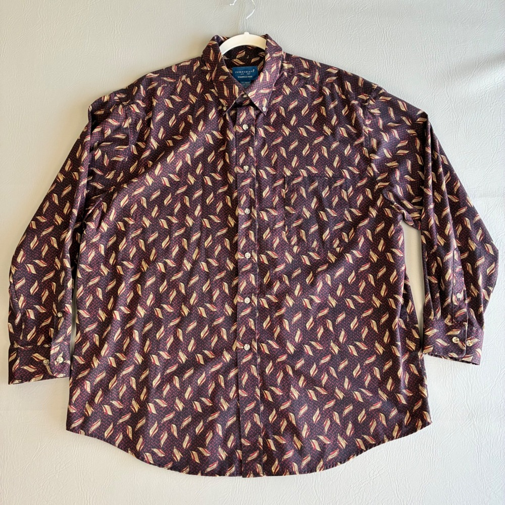 Towncraft Mens XL Button Down Shirt Vintage Red Brown Tan Geometric Leaf Print